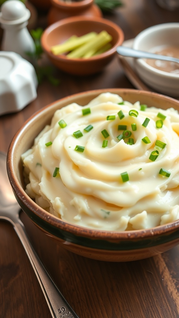 A bowl of creamy mashed jicama garnished with chives on a wooden table.